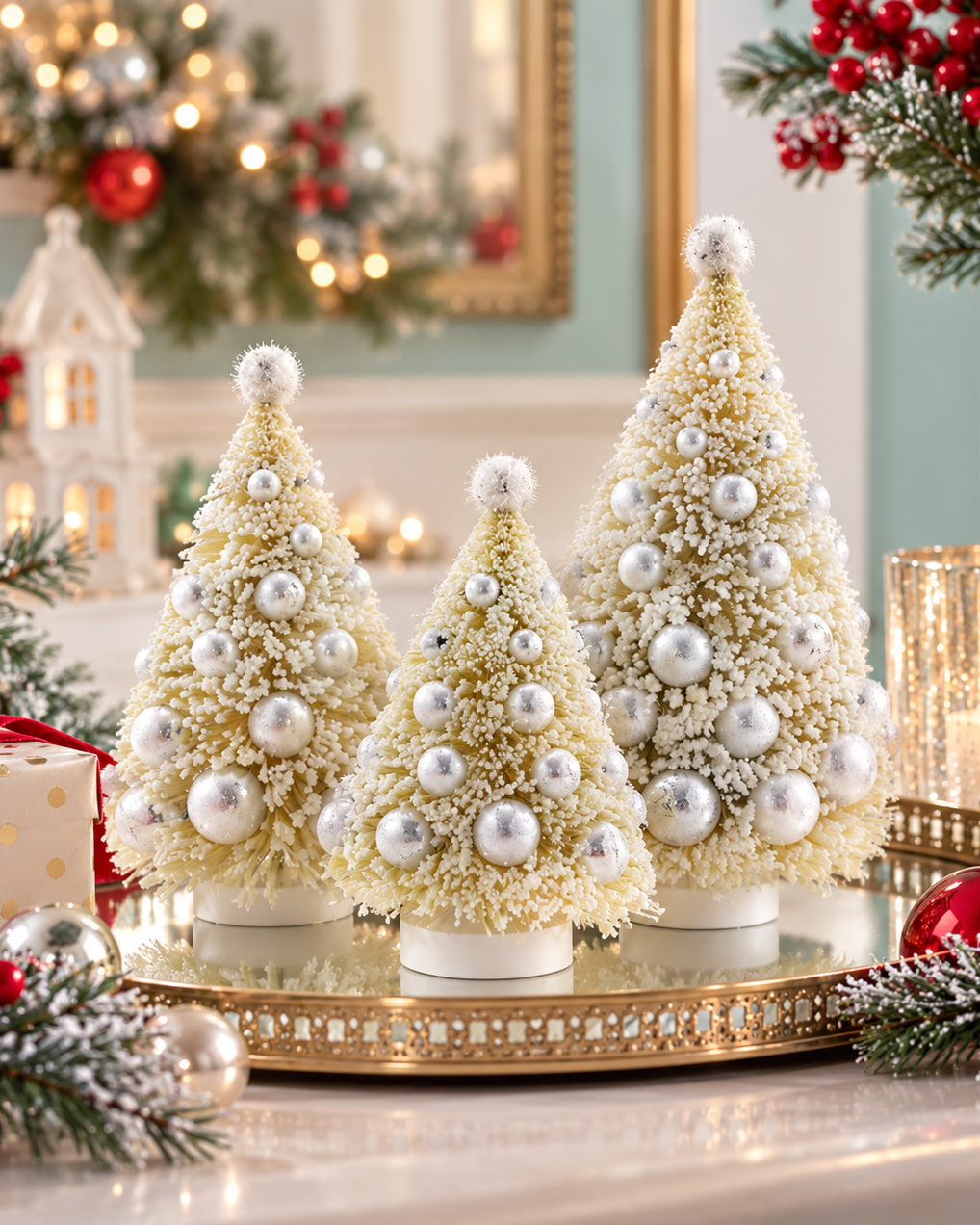 Christmas Cheer All Year Cody Foster & Co Ivory Vintage Bottlebrush Trees Set of Three with Silver balls retro midcentury