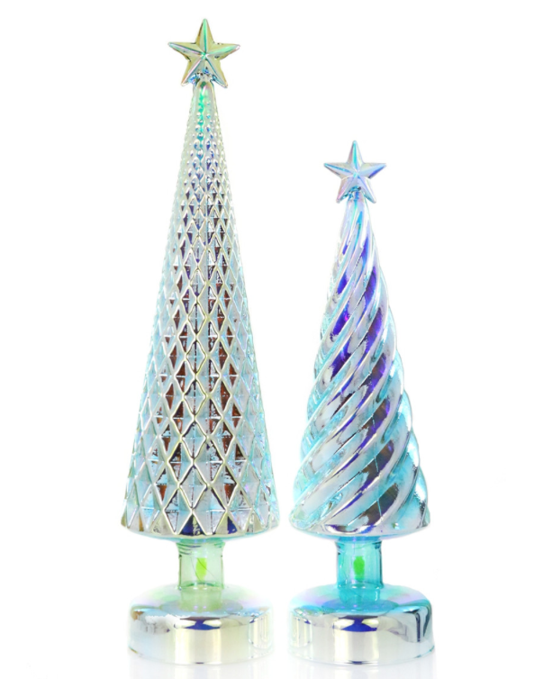 Christmas Cheer All Year Cody Foster iridescent lit green tree set of 2 glass trees on white background