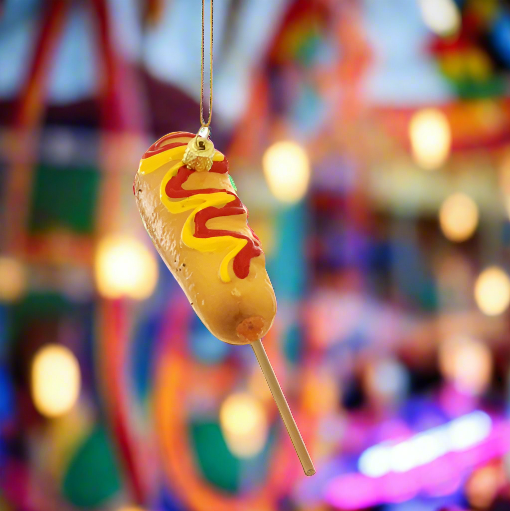 The Canton Christmas Shop Cody Foster Corn Dog on a Stick with Mustard and Ketchup Fairgrounds Texas State Fair
