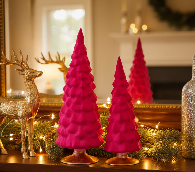 Christmas Cheer All Year hot pink crushed velvet glass Christmas trees from Cody Foster &amp; Co, gold deer, and festive lights.