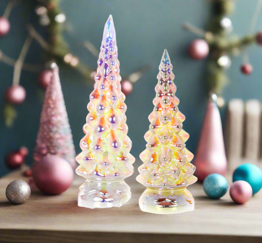 Christmas Cheer All Year Cody Foster Iridescent Textured Glass Trees on a holiday table