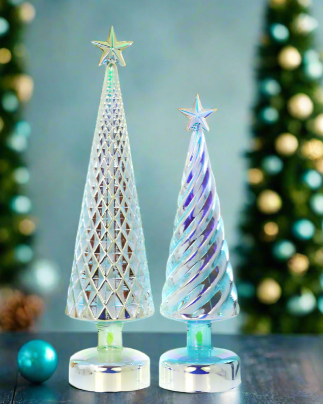 Christmas Cheer All Year Cody Foster iridescent lit green and blue retro glass tree set