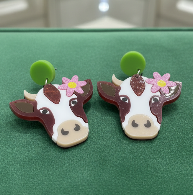 Amanda Bright Designs Cow with Pink Flower Acrylic Earrings Farm Ranch Cowprint