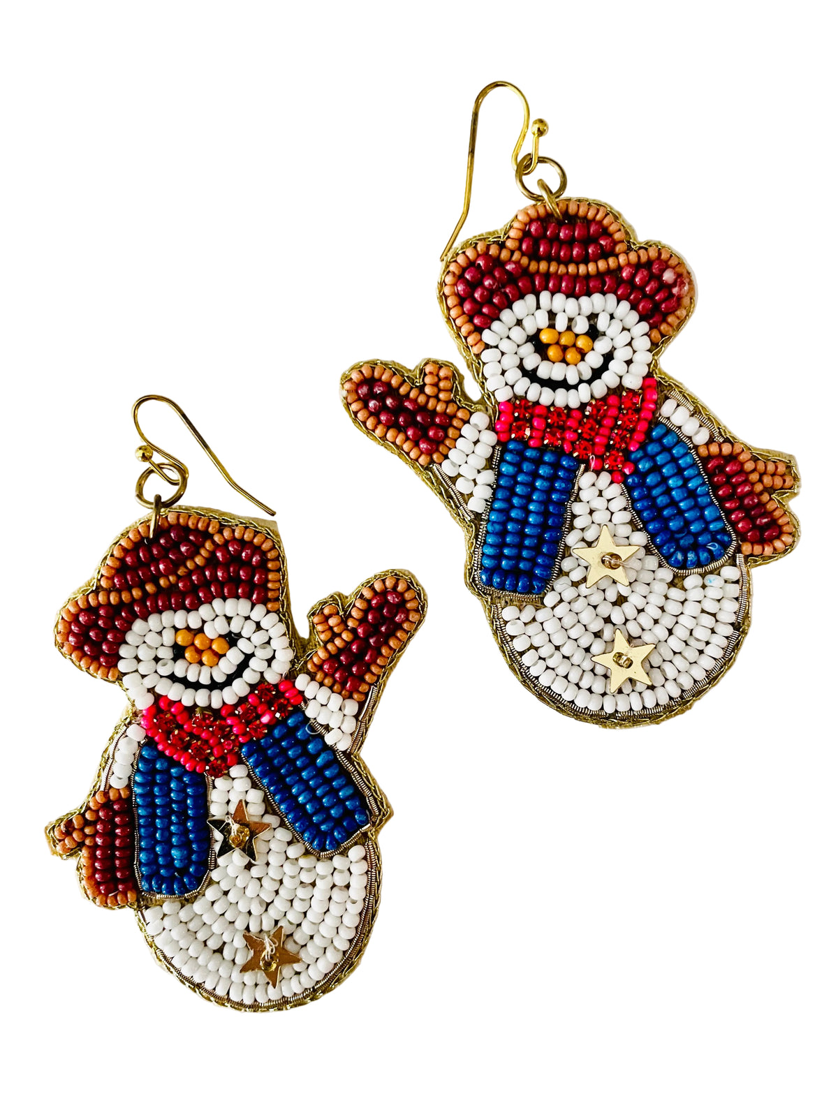 Christmas cheer all year, cowboy snowman seed bead earrings with brown, cowboy hat, mittens, and red scarf