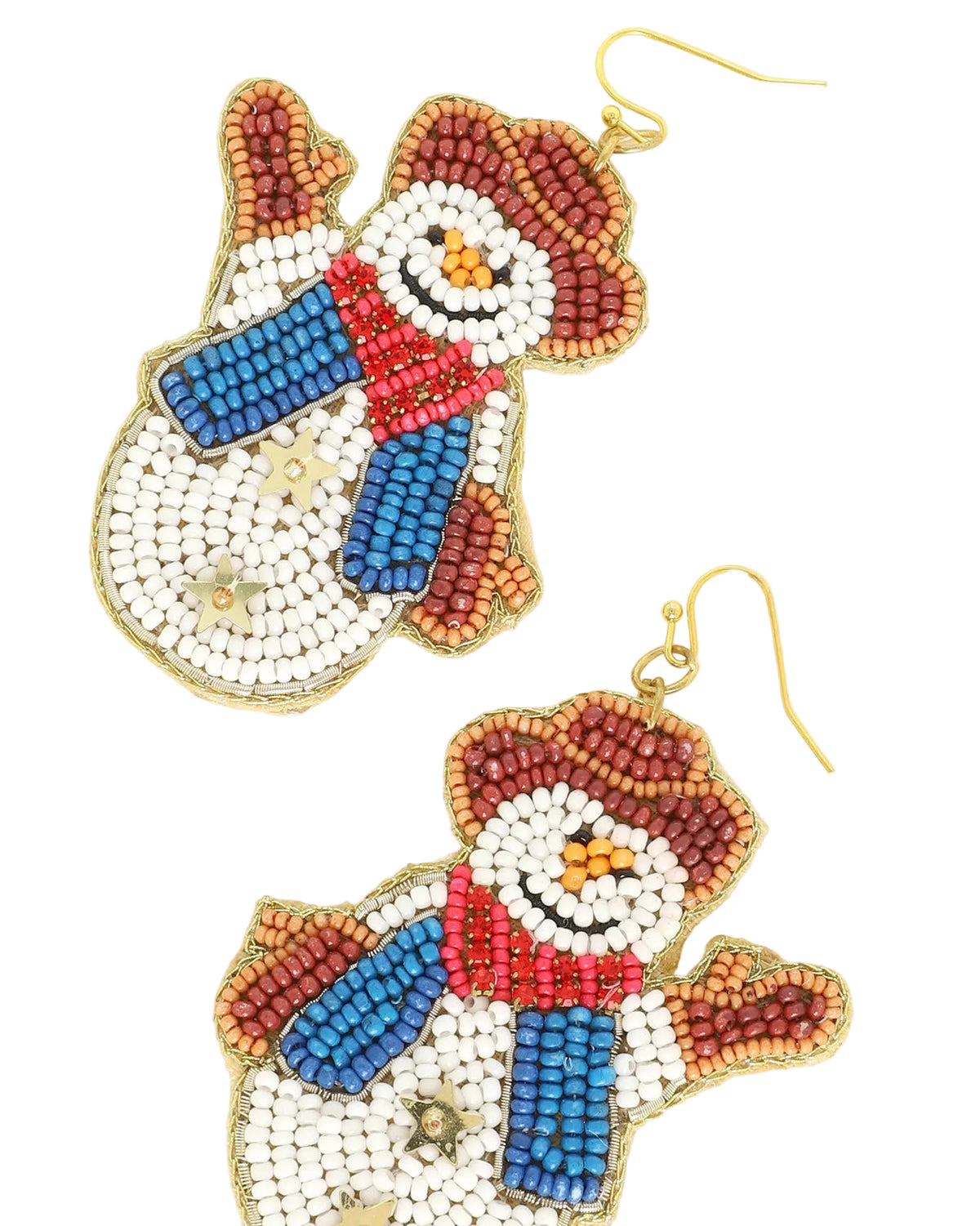 Beaded Cowboy hat scarf and mittens wearing snowman gold hook dangle earrings Christmas Cheer All year