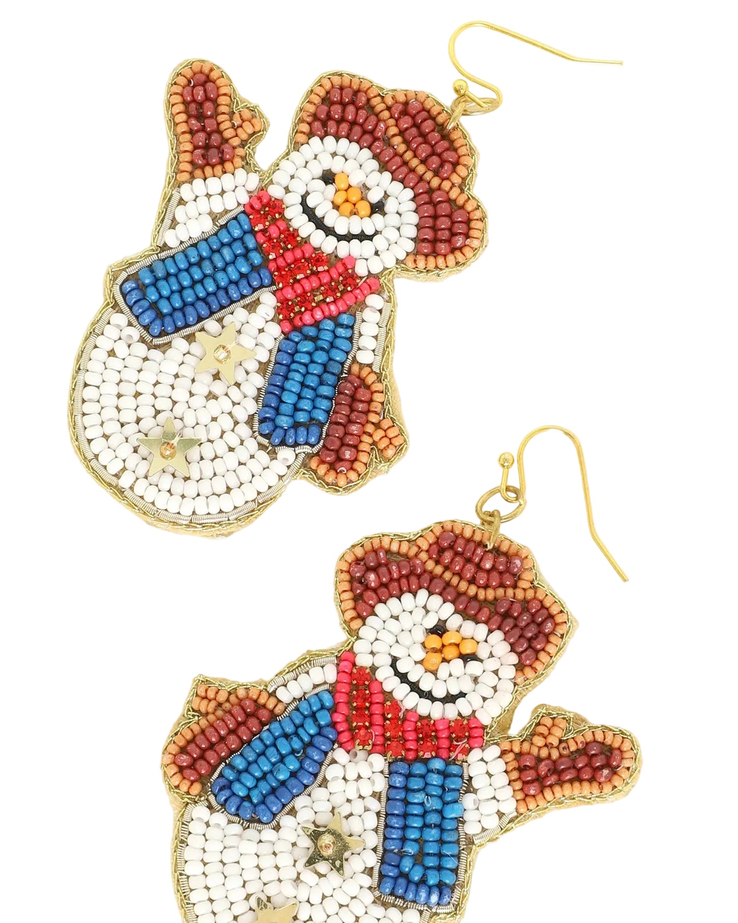 Christmas cheer all year, cowboy snowman seed bead earrings with brown, cowboy hat, mittens, and red scarf
