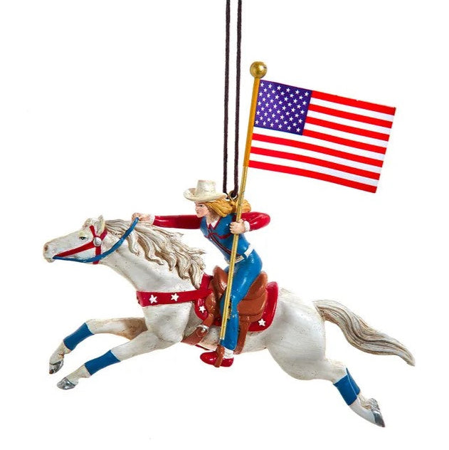 Christmas Cheer All Year Cowgirl Riding White Horse Waving American Flag Patriotic Red White Blue America 