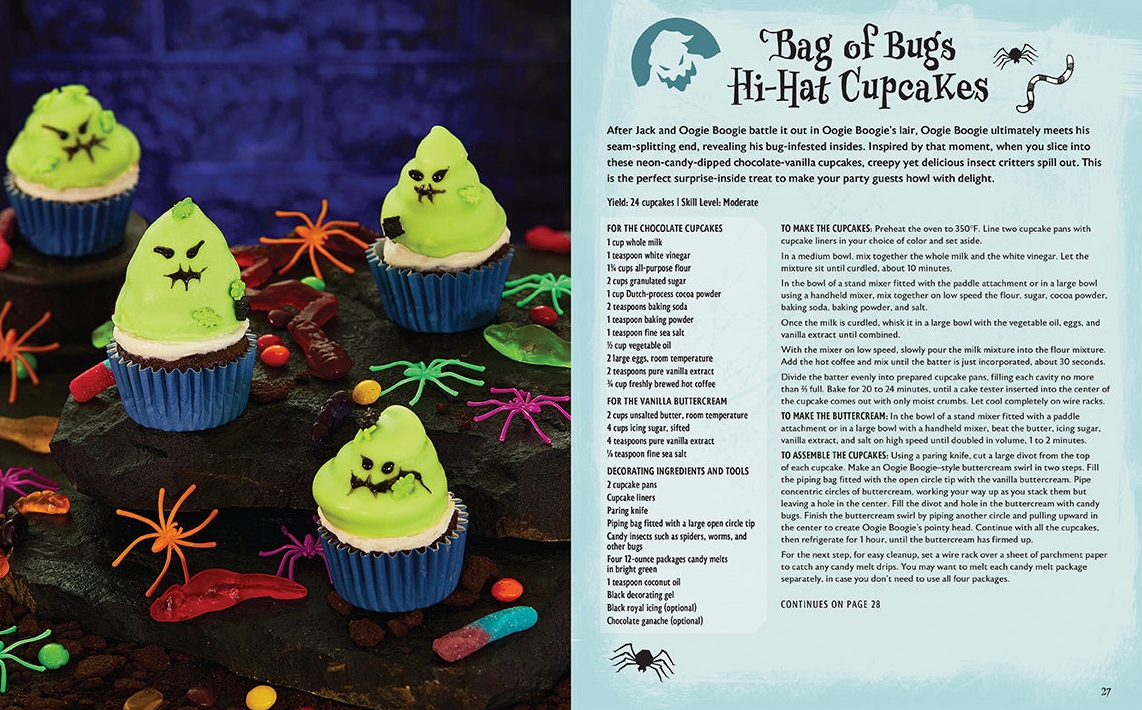 Christmas Cheer All Year Cupcakes decorated to look like ghosts with a recipe card on the right Disney Tim Burton's 'The Nightmare Before Christmas' baking cookbook