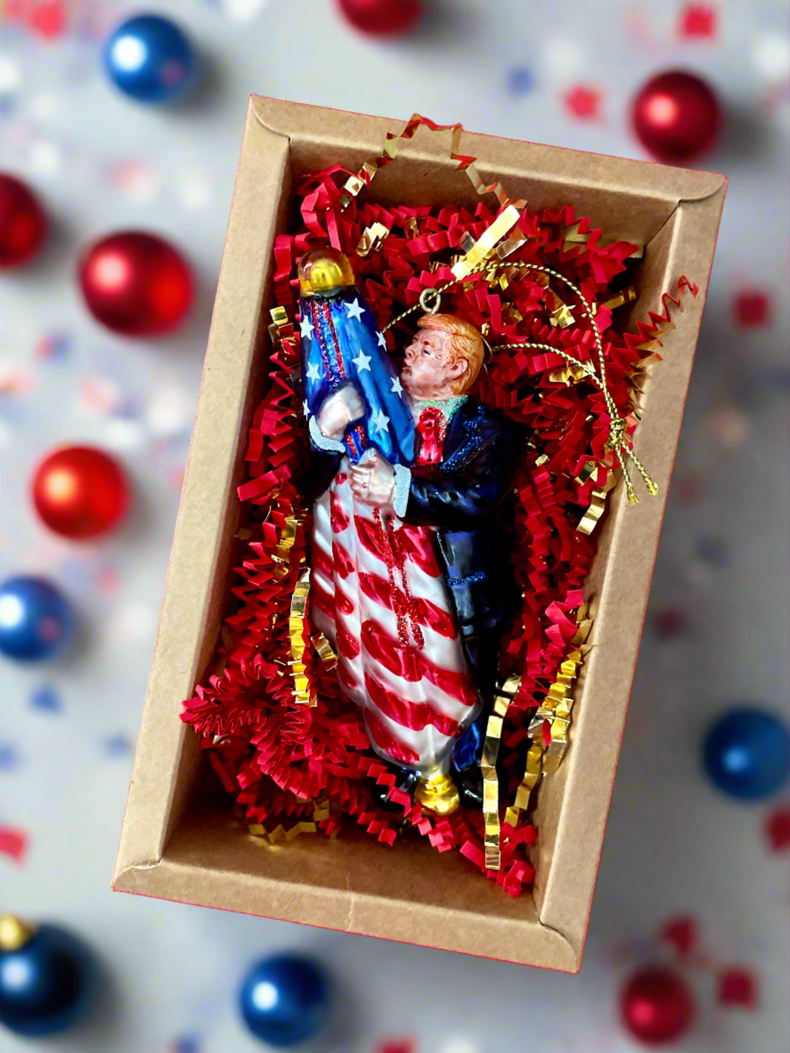 Christmas Cheer All Year Donald Trump Kissing the Flag Ornament in box 250th USA