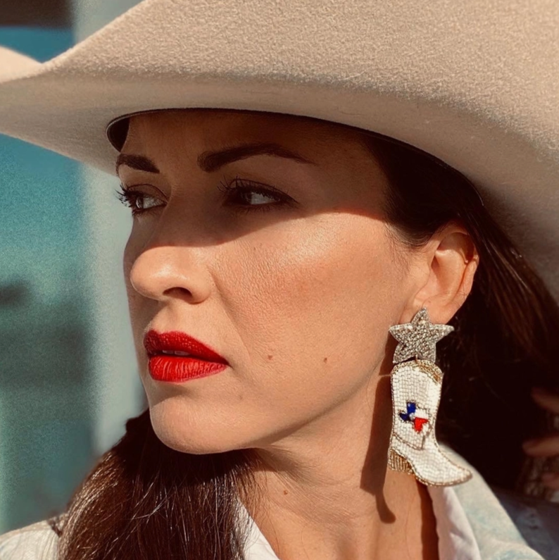 Heart of Texas Beaded and Jeweled State Cowboy Boot Earrings on model
