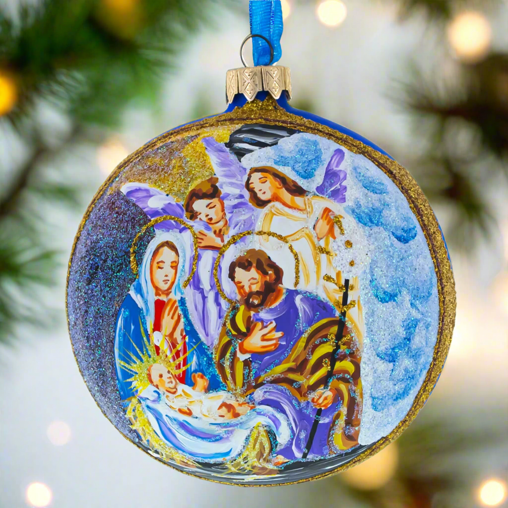 The Canton Christmas Shop Divine Angels Watching Over Nativity Handpainted Glass Ball Ornament Ukraine Old World Style