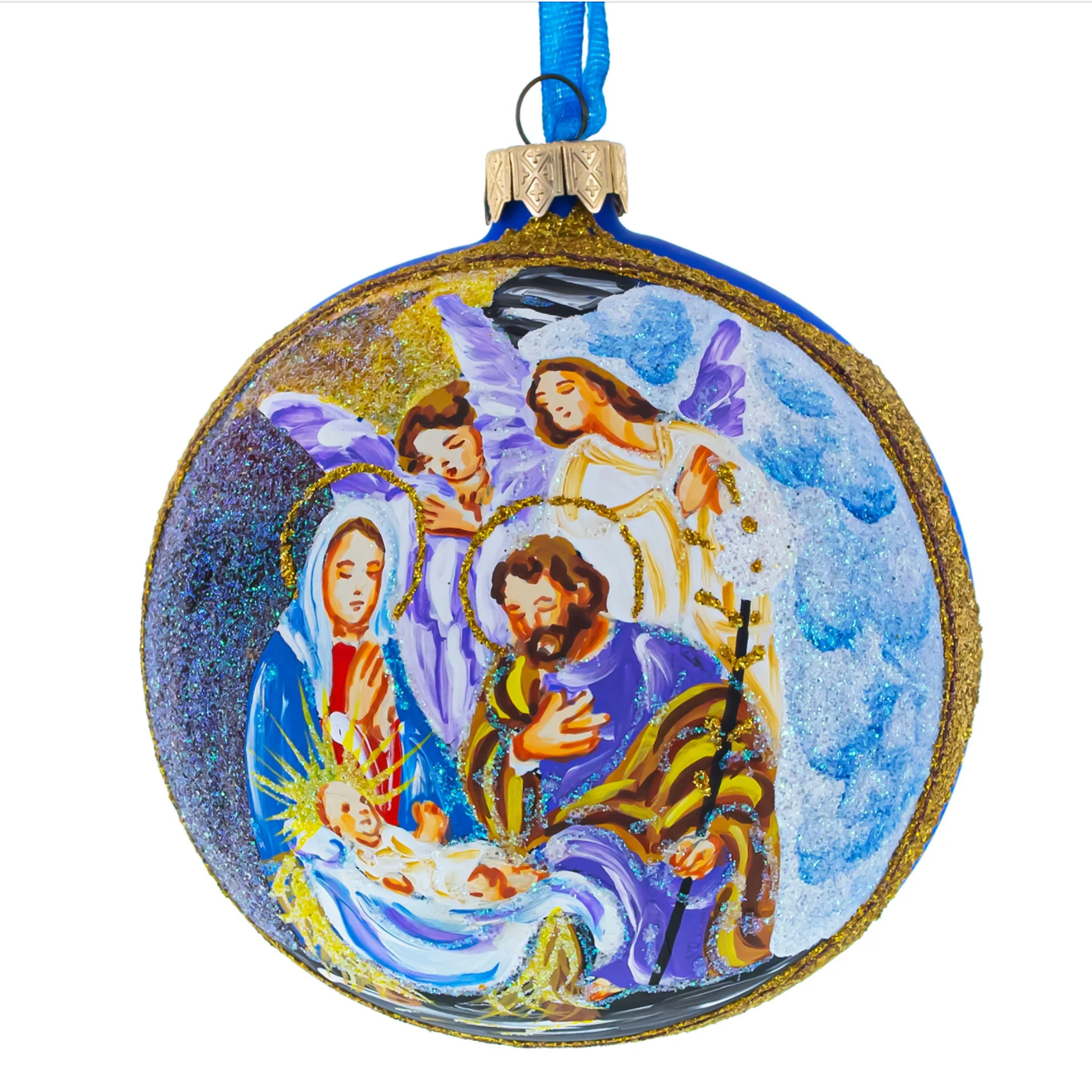 The Canton Christmas Shop Divine Angels Watching Over Nativity Handpainted Glass Ball Ornament Ukraine Old World Style