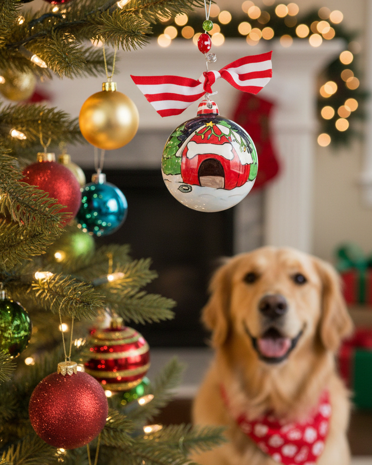 Christmas cheer all year personalized dog house handpainted ceramic ball ornament by glory haus