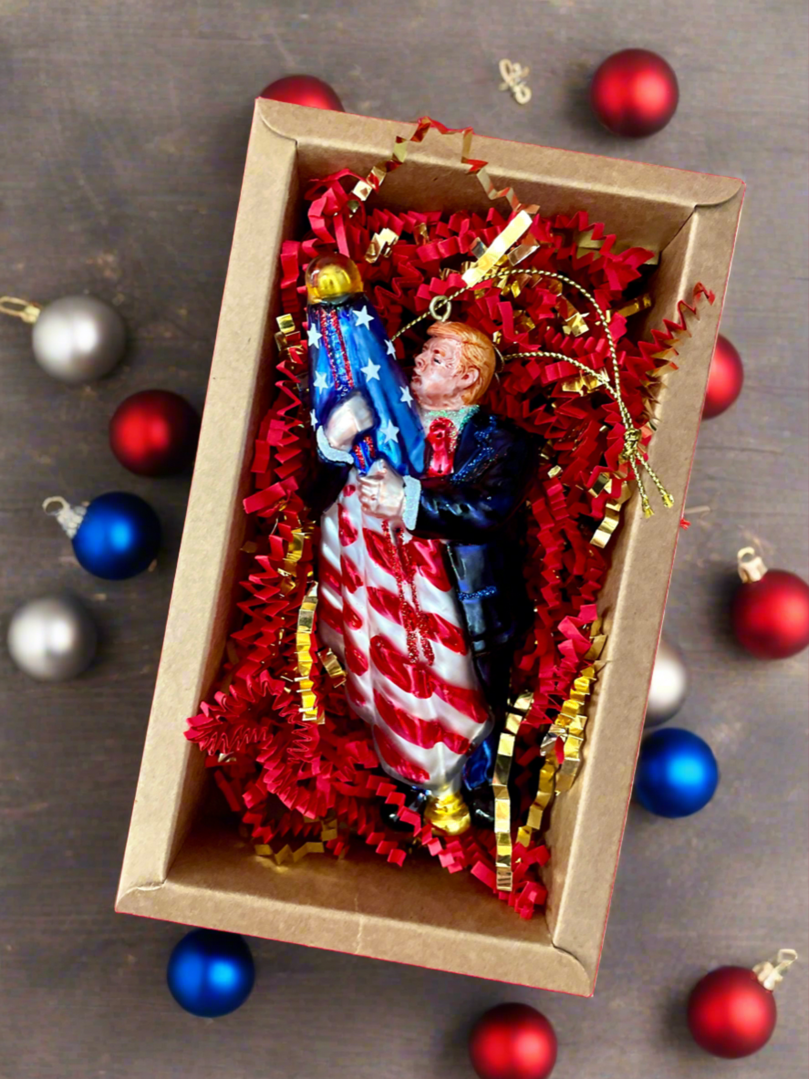 Christmas Cheer All Year Donald Trump Kissing the Flag 250th Anniversary USA Ornament in box
