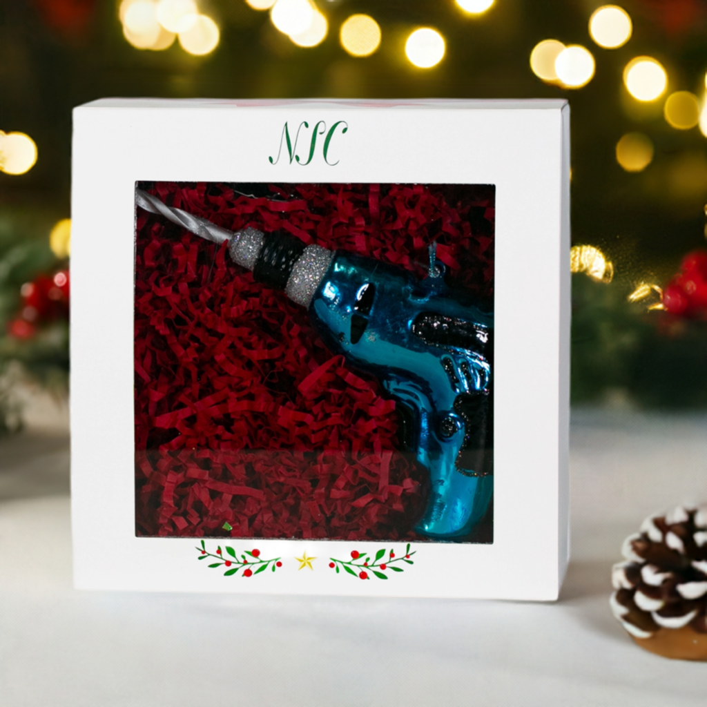 The Canton Christmas Shop Electric Blue Drill Glass Ornament in gift box