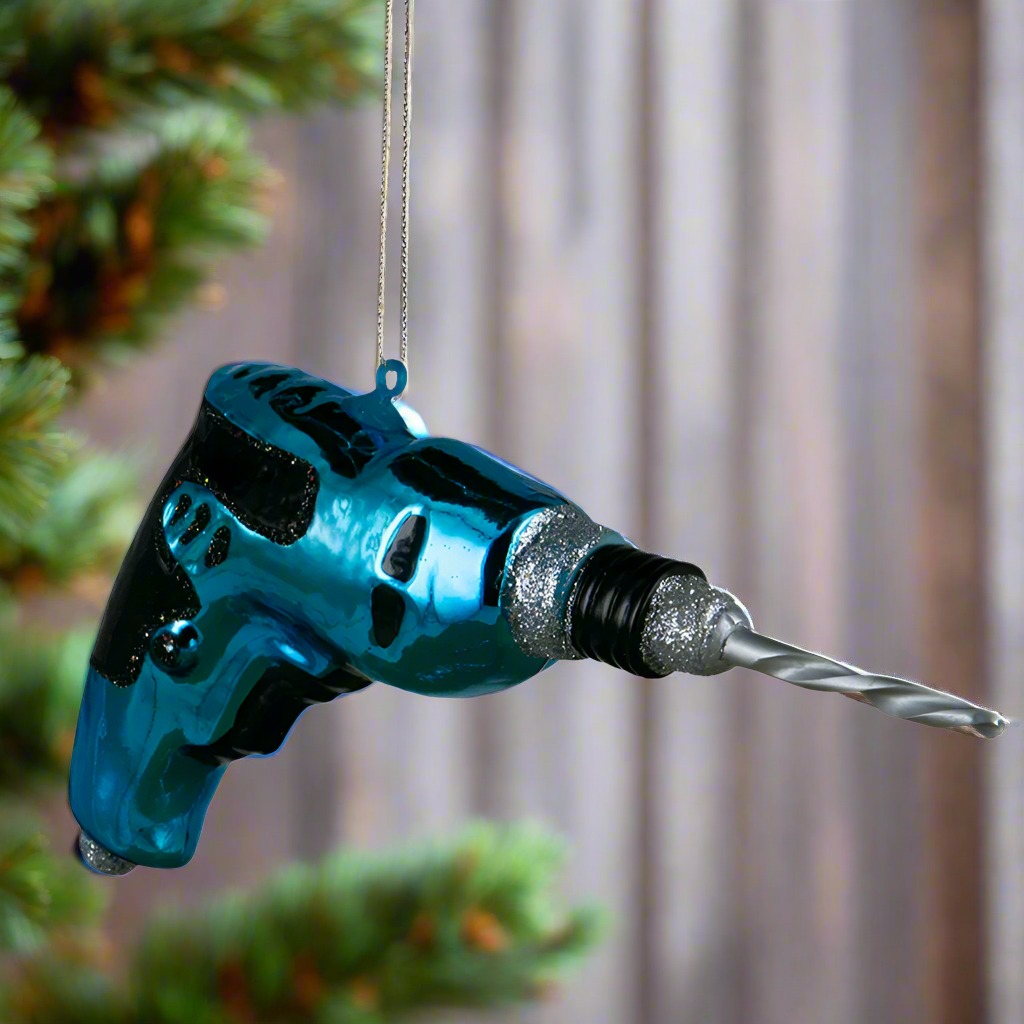 The Canton Christmas Shop Electric Blue Drill Glass Ornament in gift box