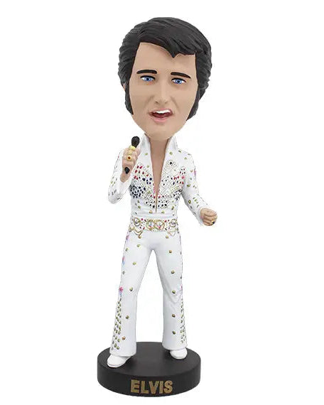 Christmas Cheer All year Elvis Presley Hawaii Concert Eagle jumpsuit bobblehead figurine wearing a white studded jumpsuit, holding a microphone, standing on a black base with 'ELVIS' written in gold.