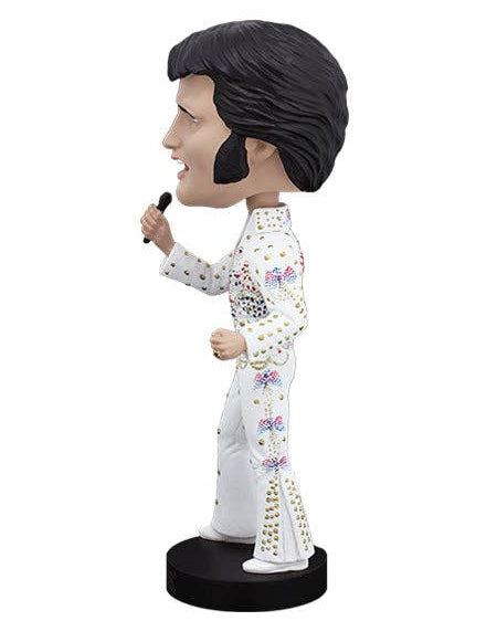 Christmas Cheer All year Elvis Presley Hawaii Concert Eagle jumpsuit bobblehead figurine wearing a white studded jumpsuit, holding a microphone, standing on a black base with 'ELVIS' written in gold.