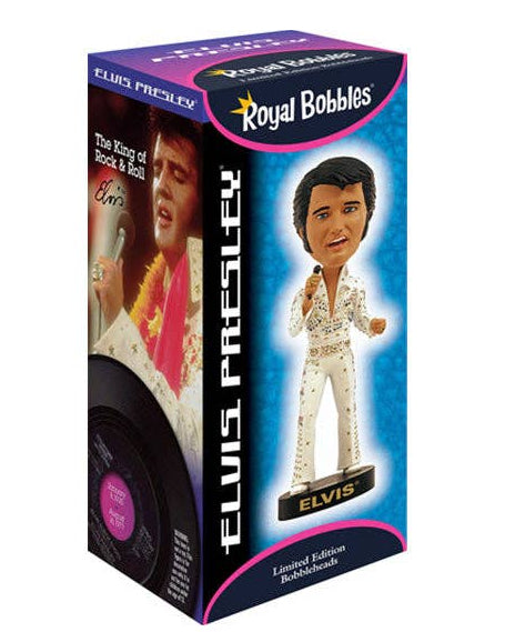 Christmas Cheer All Year Elvis Presley Royal Bobbles limited edition collectible figure in its original packaging, featuring a white jumpsuit and black hair on a blue and purple box.