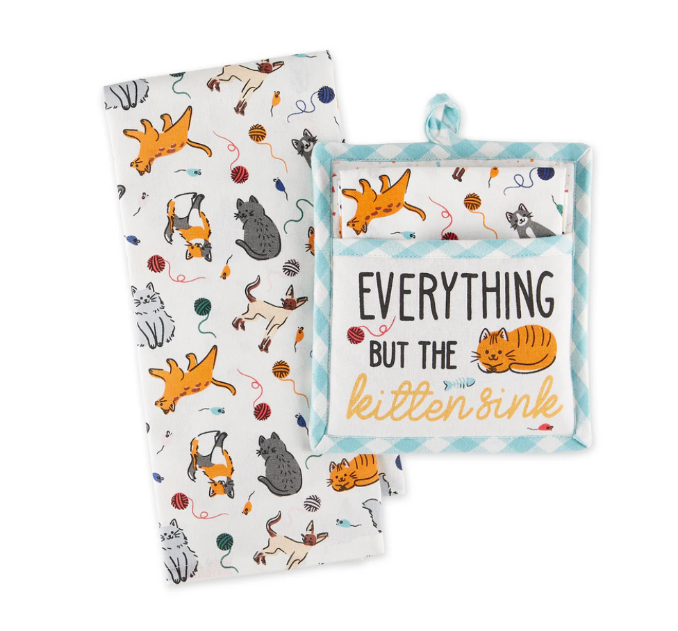The Canton Christmas Shop Everything But The Kitten Sink Potholder and Dish Towel Set with Cats Fish Mice String