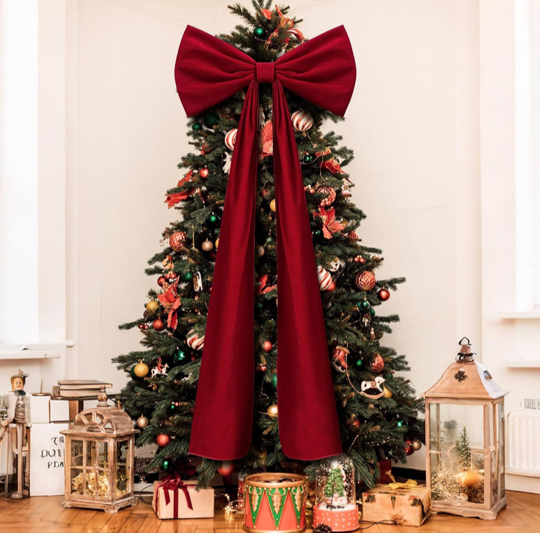 Christmas Cheer All Year Extra Large Velvet Ribbon and Bow Tree Topper 20&quot; x 71&quot; Red