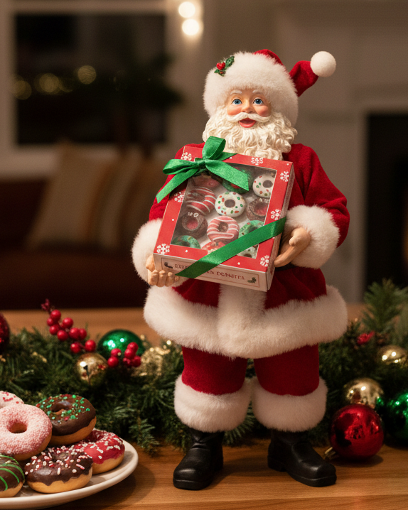 A Christmas Santa Claus figurine wearing a red suit with white fur trim, holding a gift box of christmas donuts tied with a green ribbon, displayed on a wooden kitchen table with holiday decorations including a plate of donuts, evergreen garland, and ornaments in a warmly lit living room.