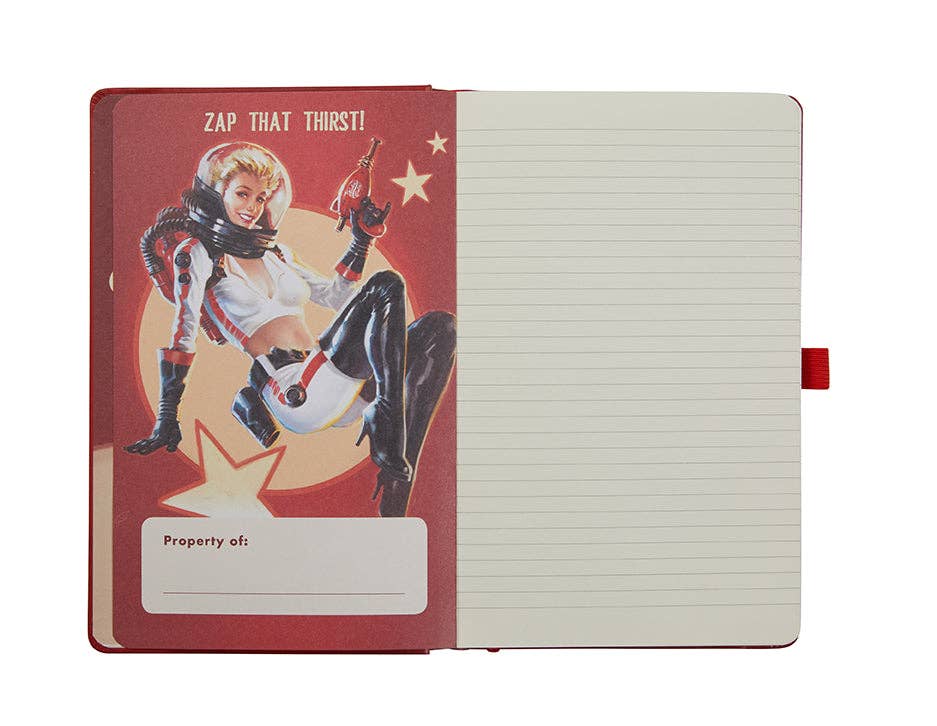 Red Fallout Hardcover Ruled Journal with Nuka Cola logo on cover and a pen on a white background Christmas Cheer All Year