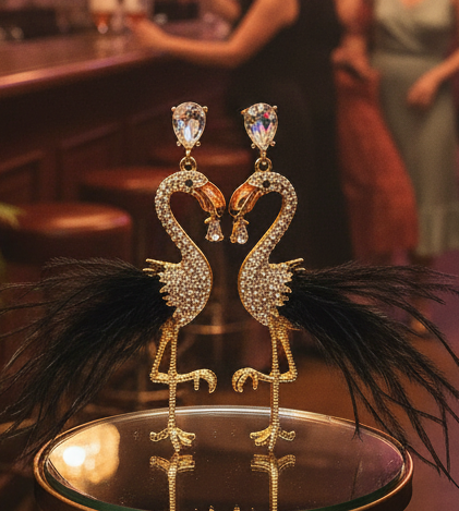 Amanda Bright Designs Feather Flamingo Earrings with black feathers and faux crystals evening wear