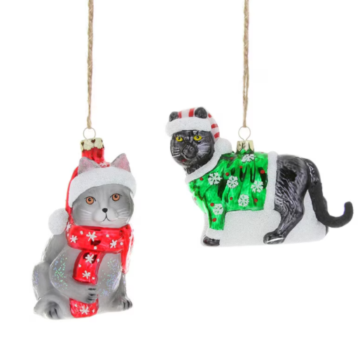 Christmas Cheer All Year Two cat-shaped Christmas ornaments gray Russian blue and black