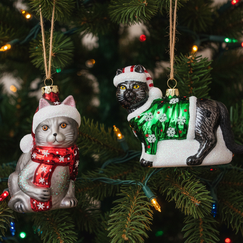 Christmas Cheer All Year Two cats with sweaters Christmas ornaments gray Russian blue and black Cody Foster & Co