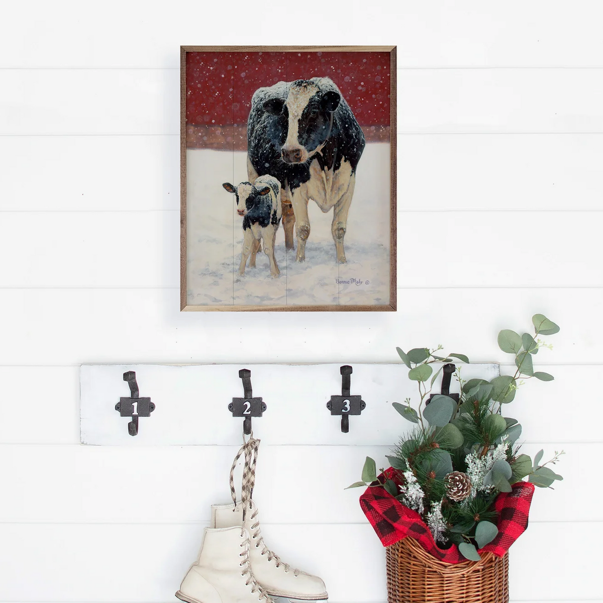 The Canton Christmas Shop First Christmas Box Sign on shelf with Cow and Calf Ranch Farm New Baby Gift