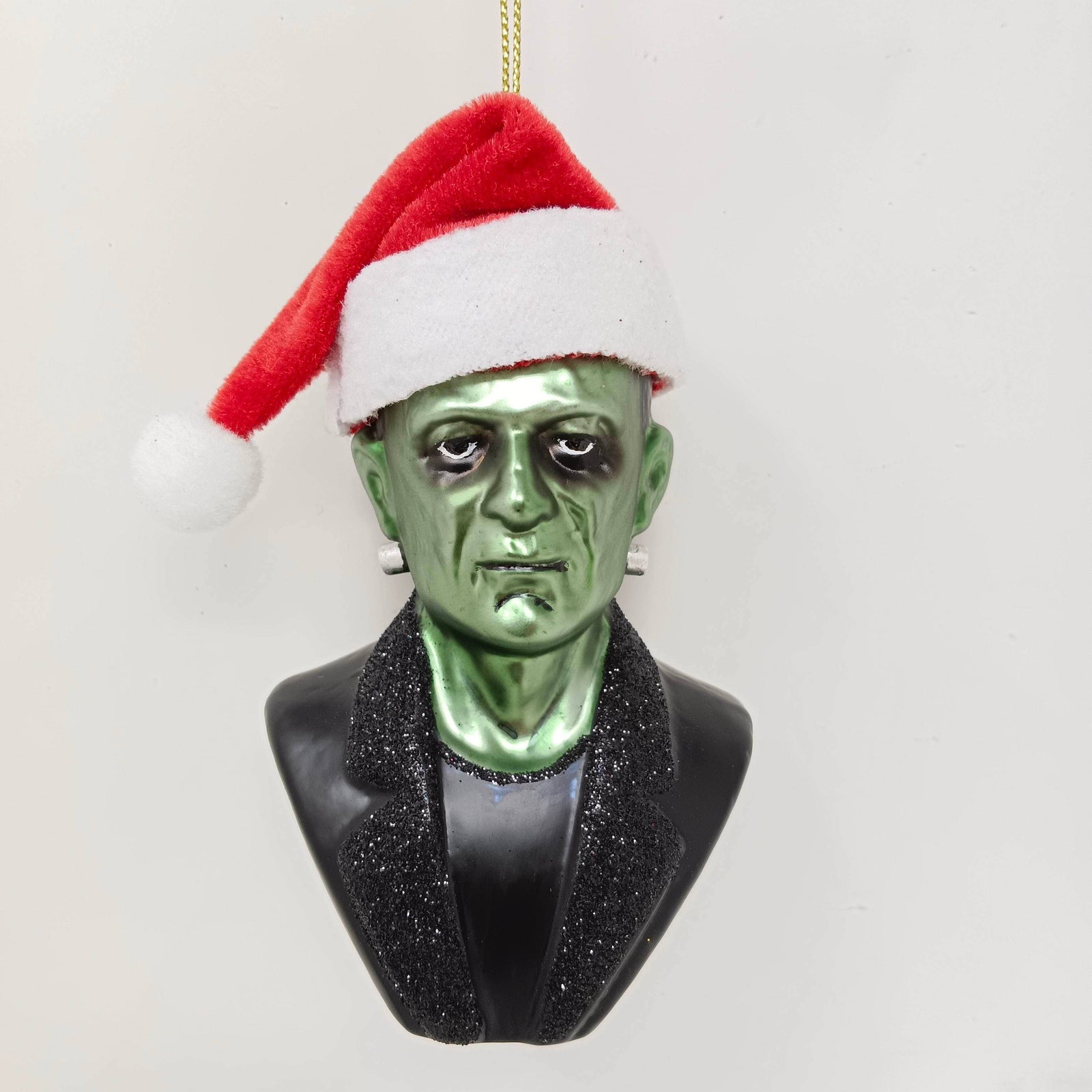 The Canton Christmas Shop Frankenstein Santa Hat Glass Christmas Ornament Horror Halloween Bride of Frankenstein Goth Glittered Black