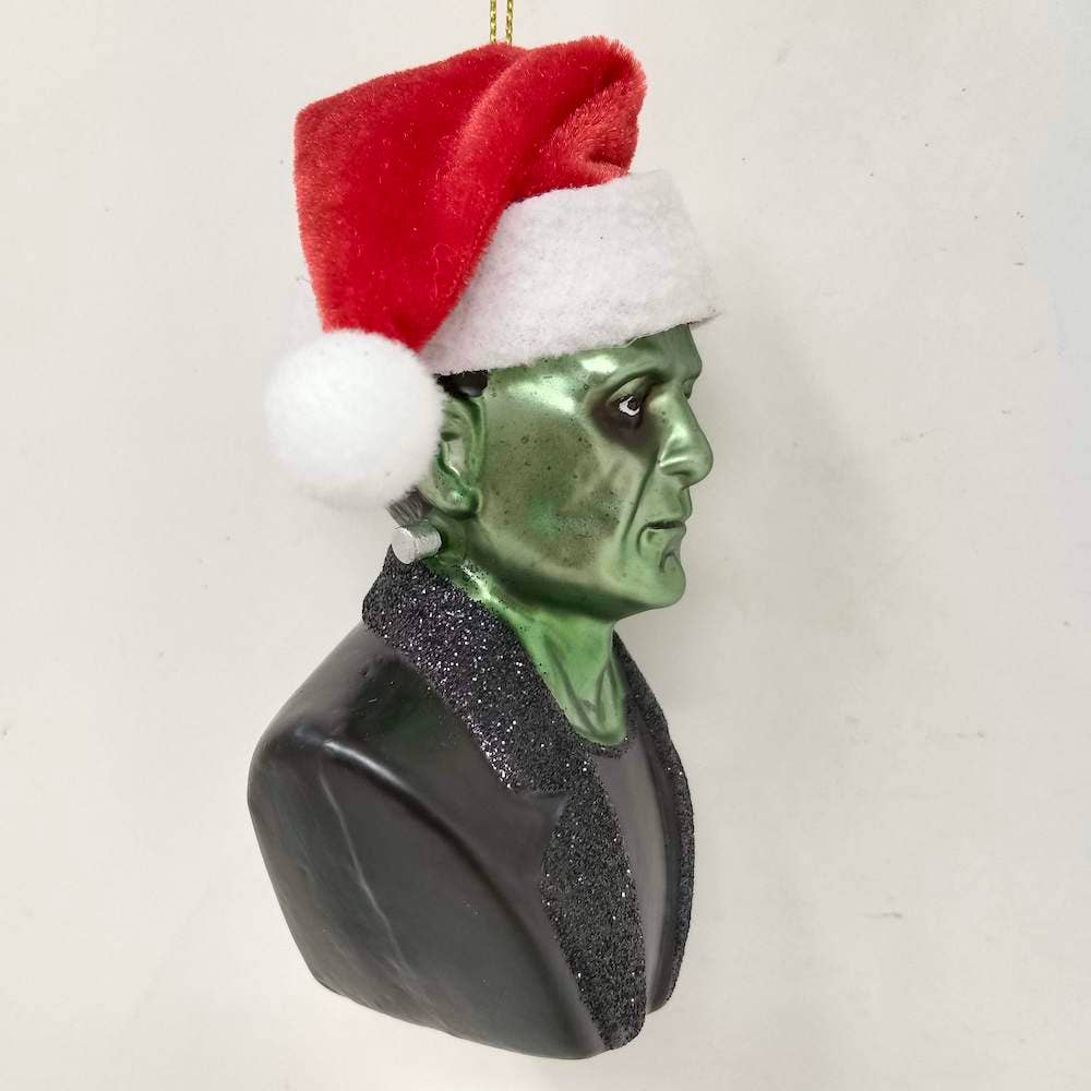 The Canton Christmas Shop Frankenstein Santa Hat Glass Christmas Ornament Black Tuxedo Horror Halloween Glittered 
