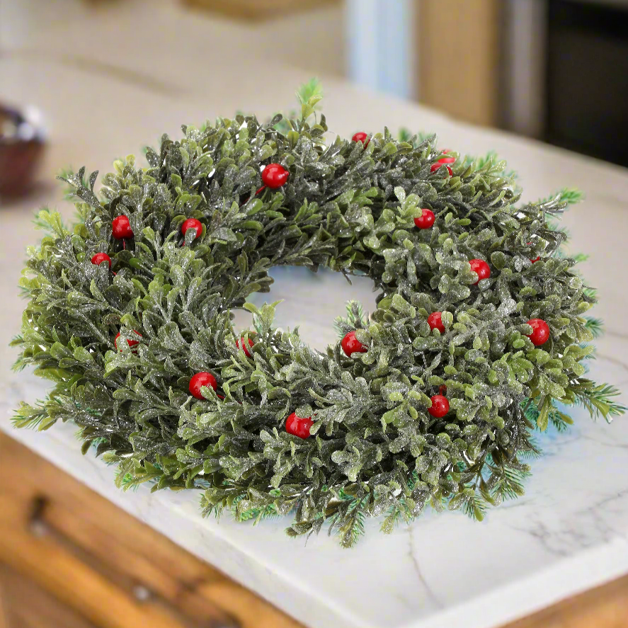 Christmas Cheer All Year 12" Frosted Boxwood with berries candle ring on dining room table