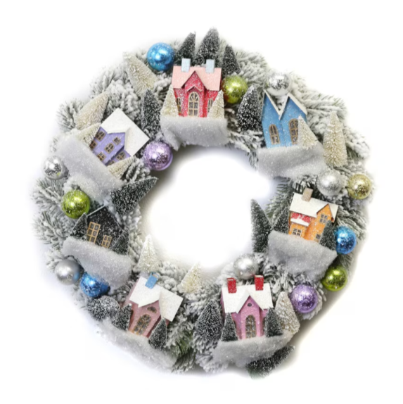 Christmas Cheer All Year Frosted Village Putz House Decorated Wreath by Cody Foster