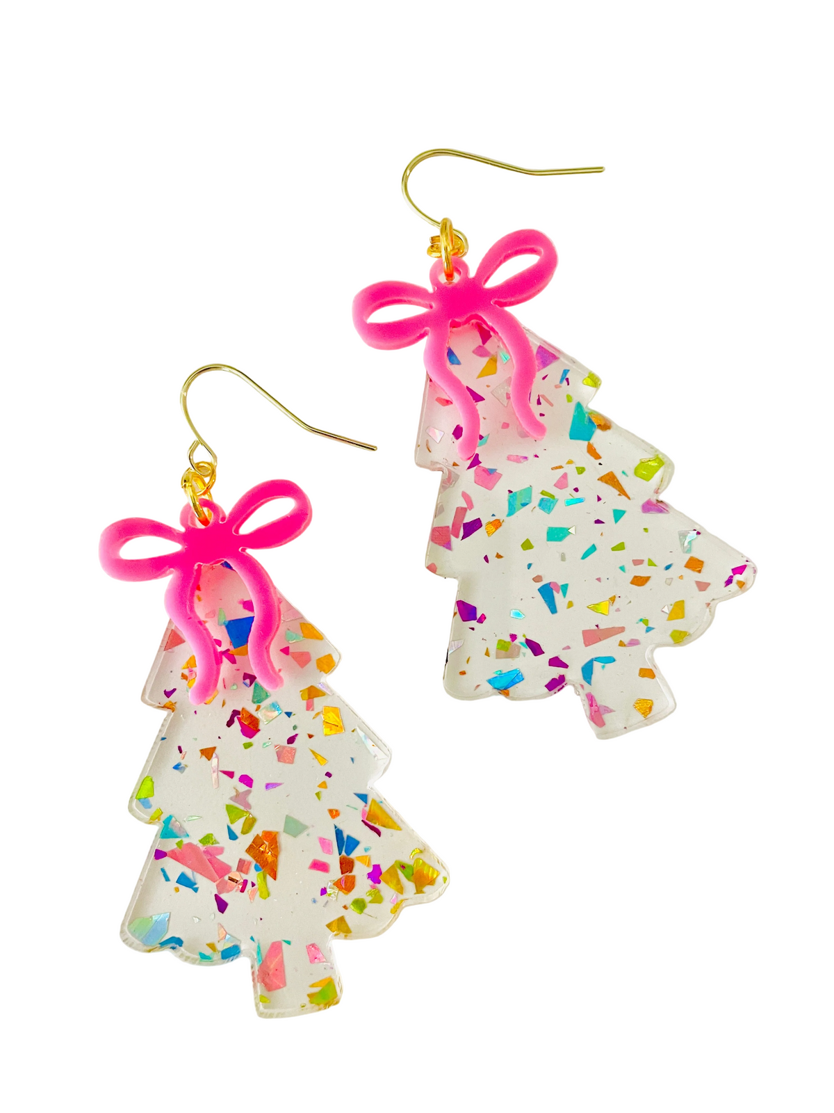 Confetti Christmas Tree Earrings with Pink Bows