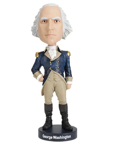 Christmas Cheer All Year custom bobblehead figurine of George Washington, styled as a modern collectible with a large head, detailed historical uniform in navy blue and tan, and a black base printed with 'George Washington'.