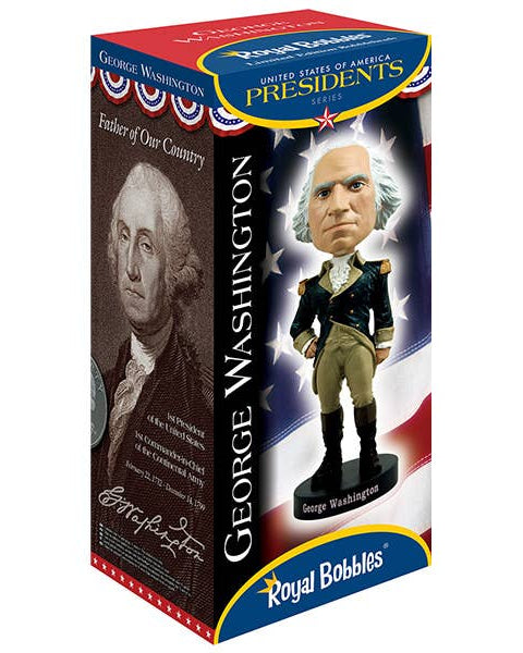 Royal Bobbleheads George Washington collectible bobblehead figure in its retail packaging, featuring a patriotic red, white, and blue box with an illustration of George Washington and the text 'United States Presidents 2021' and 'George Washington'.
