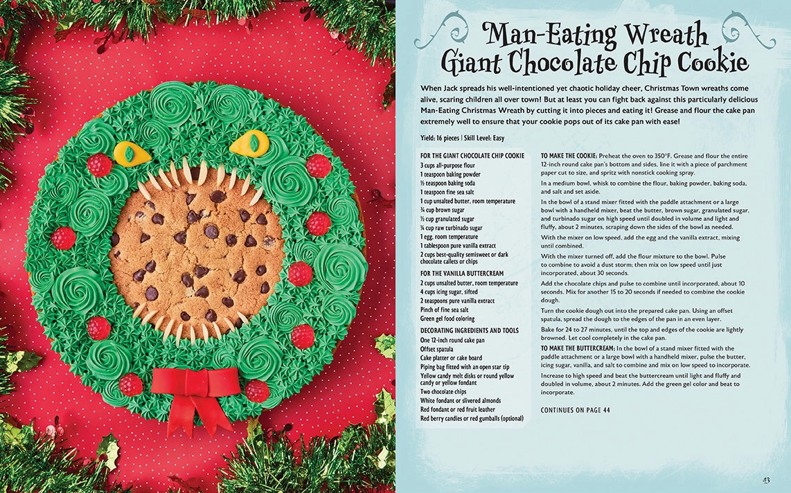 Giant chocolate chip cookie shaped like a wreath with green icing on a red background, next to a recipe for 'Man-Eating Wreath' cookie from  Disney Tim Burton's 'The Nightmare Before Christmas' baking cookbook Christmas Cheer All Year