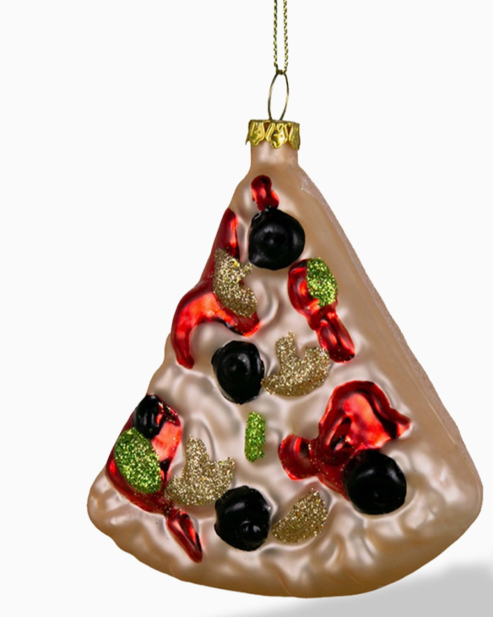 Christmas Cheer All Year glass ornament designed to resemble a slice of pizza with red and green toppings and a golden brown crust, hanging from a Christmas tree.