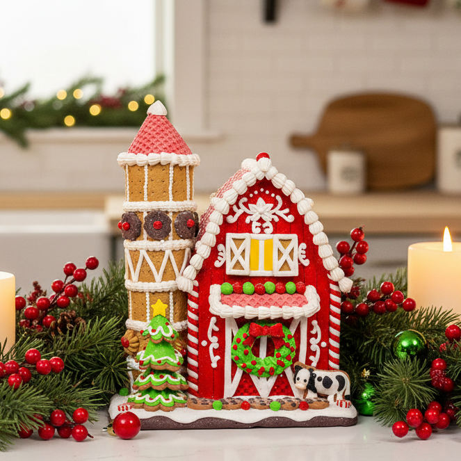 Christmas Cheer All Year Decorative gingerbread barn with candles and greenery on a kitchen counter for christmas decor