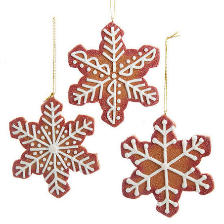 Christmas Cheer All Year Three snowflake-shaped gingerbread iced cookie ornaments bulk ornament set