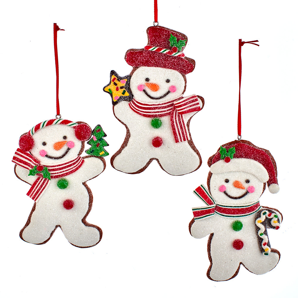 Christmas Cheer All Year Three snowman-shaped Christmas cookie gingerbread ornaments with red hats and scarves on a white background by Kurt Adler D4351