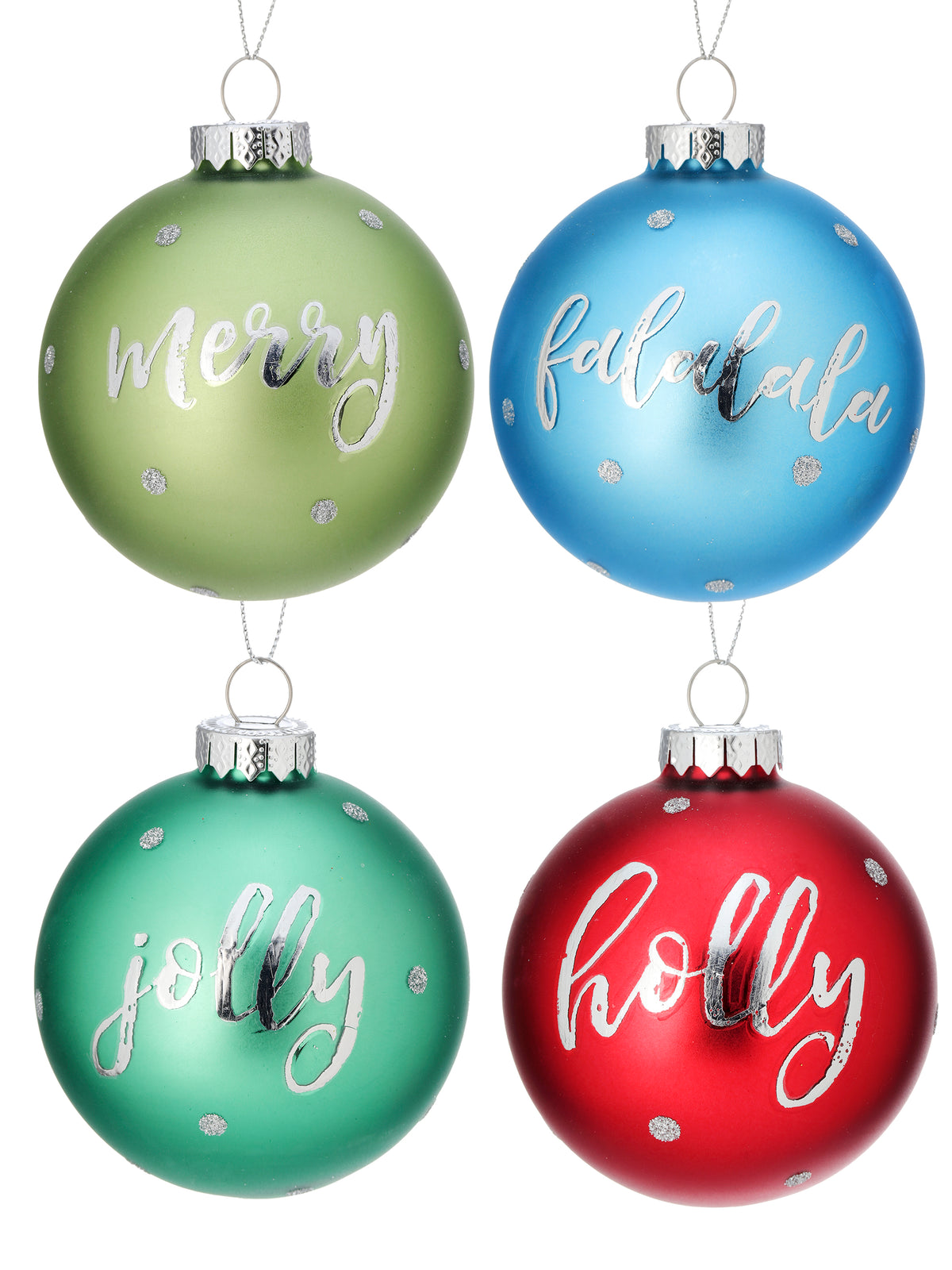 The Canton Christmas Shop Glass Ball Ornaments Assorted Colors of Red blue and green with Christmas sentiments on them merry fa la la la jolly holly