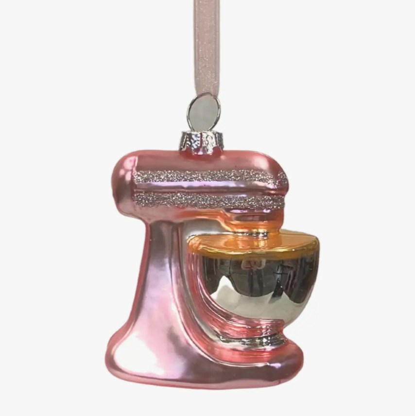 Christmas Cheer All Year Glittery Pink Stand Mixer Glass Ornament