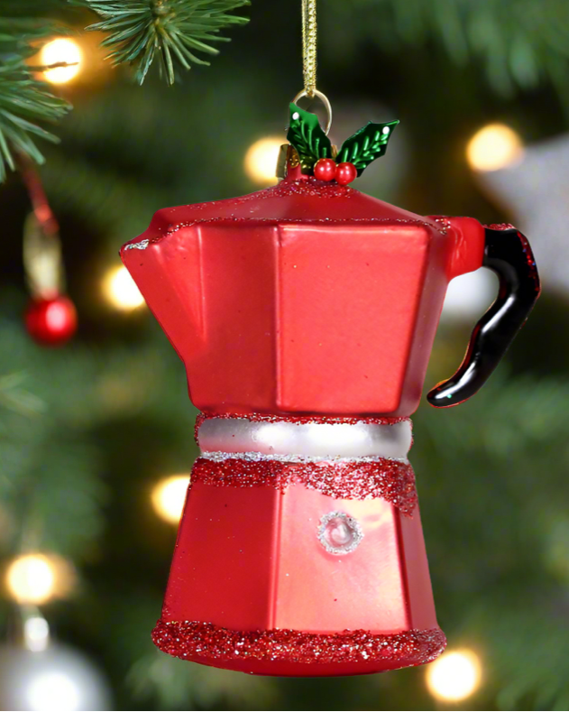 Christmas Cheer All Year Espresso Maker Glass Ornament Hanging on a christmas tree