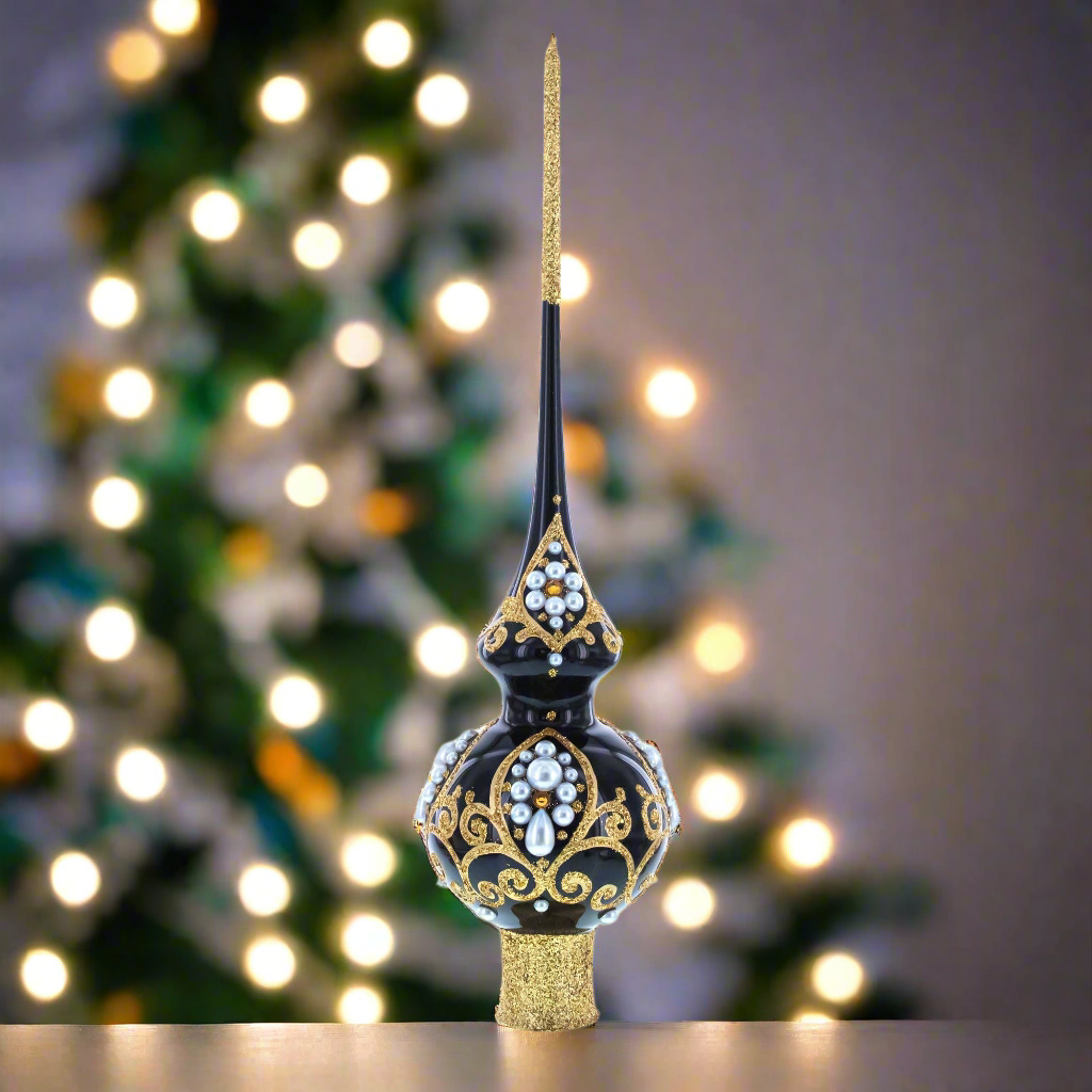 Glossy Black Gold Filigree Tree Topper with Pearls Old World Europe Ukraine Glass Hand Blown Exquisite