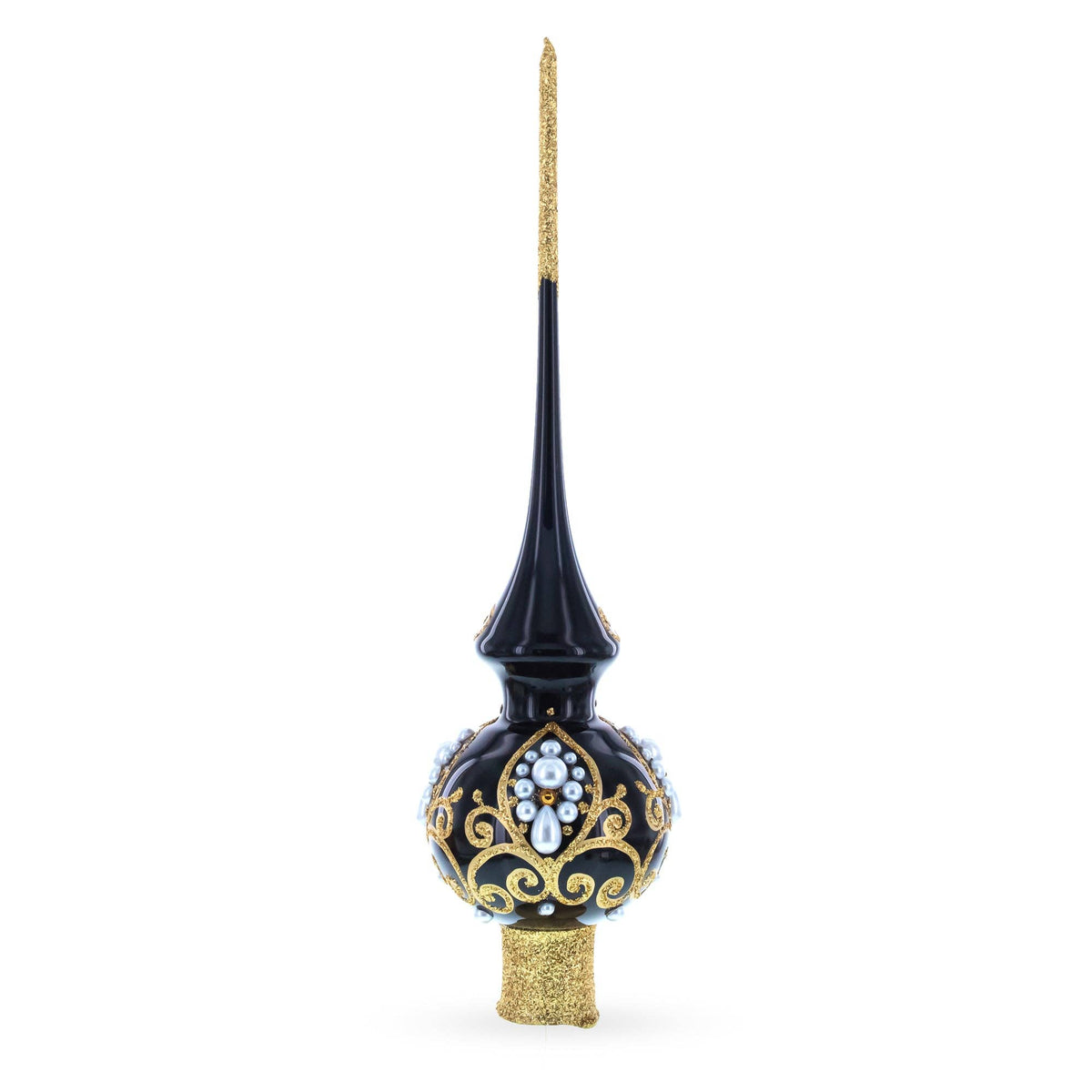 Glossy Black Gold Filigree Tree Topper with Pearls Old World Europe Ukraine Glass Hand Blown Exquisite
