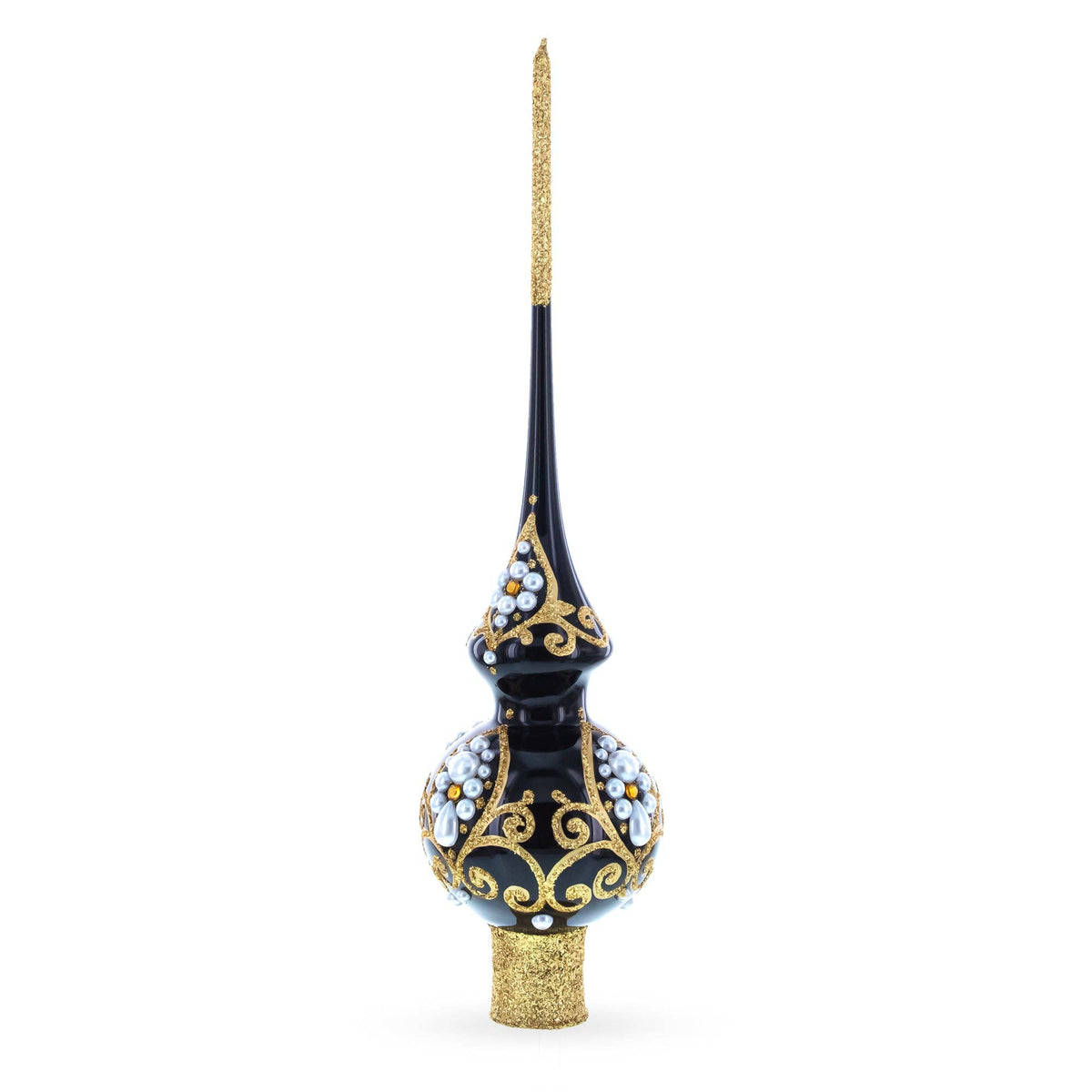 Glossy Black Gold Filigree Tree Topper with Pearls Old World Europe Ukraine Glass Hand Blown Exquisite