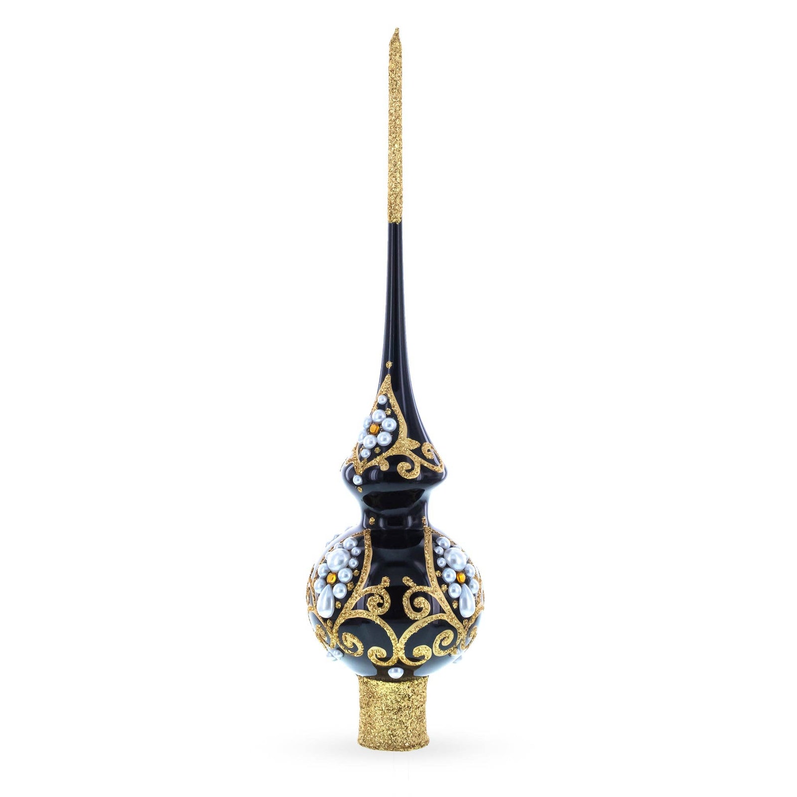 Glossy Black Gold Filigree Tree Topper with Pearls Old World Europe Ukraine Glass Hand Blown Exquisite